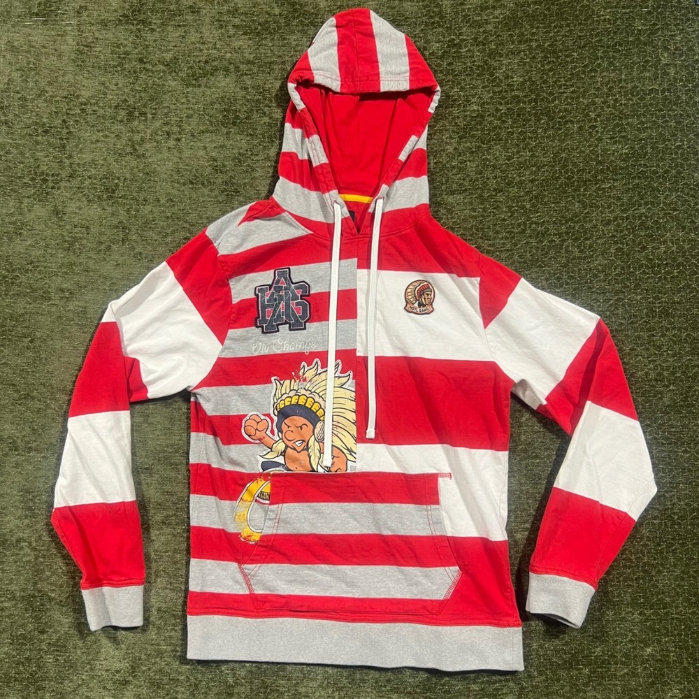 Hustle Gang Hoodie Mens Large Red White Grey Striped Patch Graphic Pullover